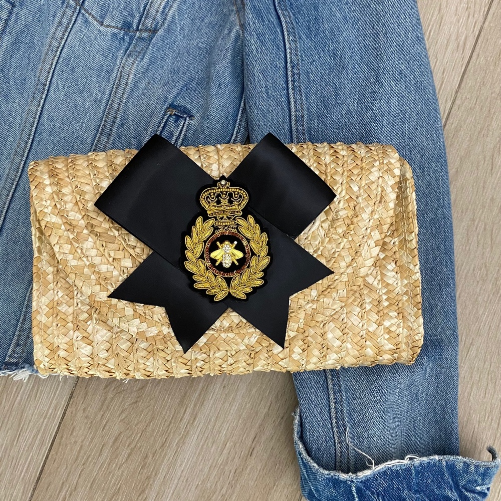 Bee Crest Rattan Straw Clutch